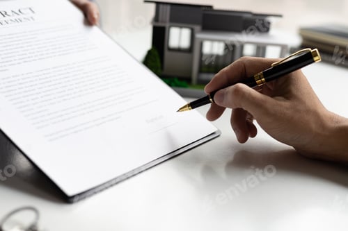 Preview: Real estate agents negotiate for businessman to legally sign home purchase agreements contract.