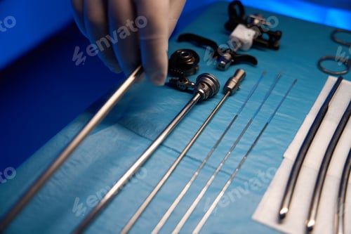 Preview: Close up of partial doctor hand taking hysteroscope from table