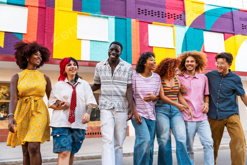 Preview: Multiethnic group of young friends meeting and having fun outdoors