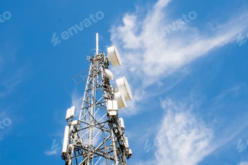 Preview: Radio, communication and cell tower on blue sky background