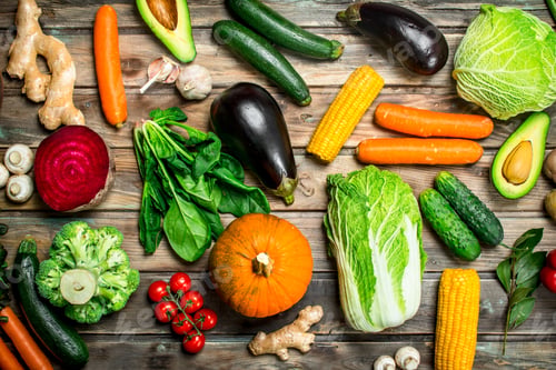 Preview: Healthy food. Variety of ripe fruits and vegetables.