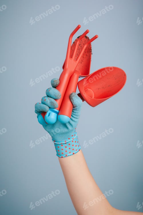 Preview: Hand holding garden tools on blue background
