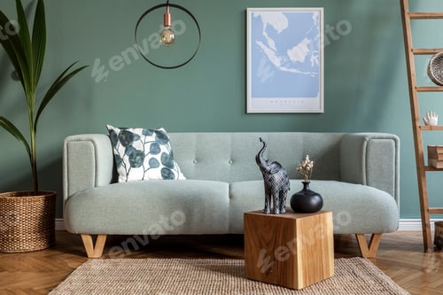 Preview: Creative composition of stylish and cozy living room interior with mock up map frame.