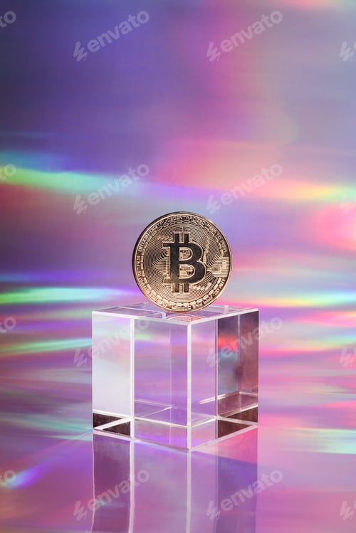 Preview: Golden bitcoin coin on podium on holographic, abstract, neon background. digital currency, business