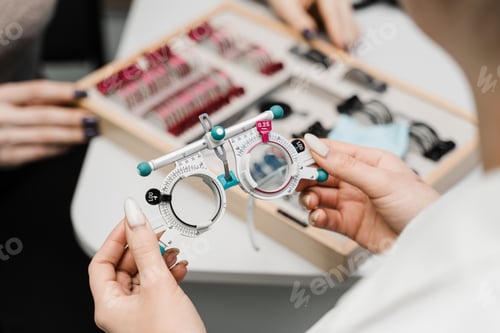 Preview: Close-up of trial frame glasses in doctor?s hands for girl vision examination