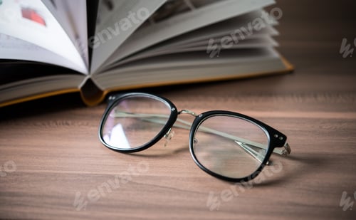 Preview: Open Book with Eyeglasses on a Wooden Surface