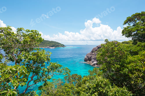 Preview: Coastline view of clear blue water and green trees under a bright sky in a tropical location