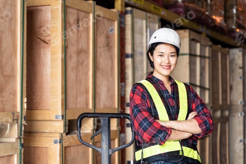 Preview: Portrait of Asian female engineer working in store warehouse.