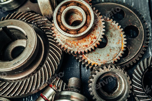 Preview: Car parts gears and bearings on wooden background
