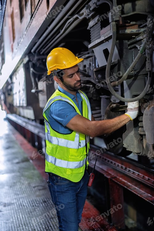 Preview: Mechanics service engineer working underneath train car maintenance transmittal system in the garage