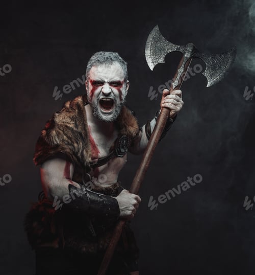 Preview: Violent and savage fighter with axe in dark smokey background