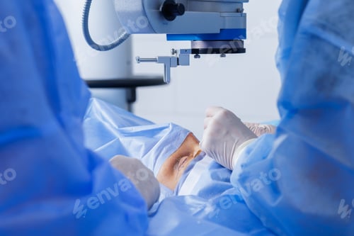 Preview: Blepharoplasty under operating microscope with surgeon working on the upper eyelid