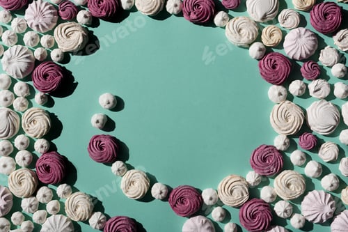 Preview: spiral of berry and white marshmallows on turquoise surface with copy space