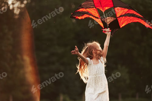 Preview: Happy girl in white clothes have fun with kite in the field. Beautiful nature