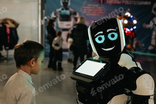 Preview: Futuristic robot talking to a boy at an exhibition of modern technologies. Education, future. N