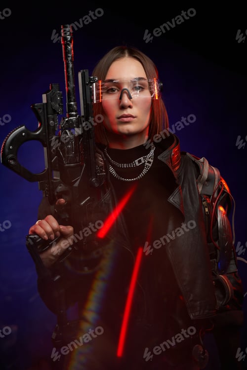 Preview: Serious and beautiful female soldier with rifle in dark background