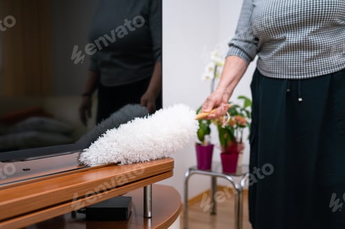 Preview: Retired senior woman at home, doing her daily chores. Old woman living alone in a house. Seniors.