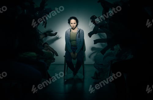 Preview: One mixed race female suffering mental illness in asylum. Hispanic schizophrenic woman experiencin