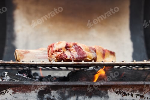 Preview: raw meat grilling on barbecue grid and coal pieces outside