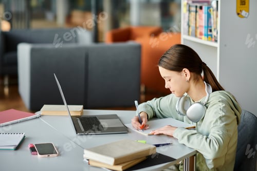 Preview: Teenage Girl Studying at a Desk in a Library