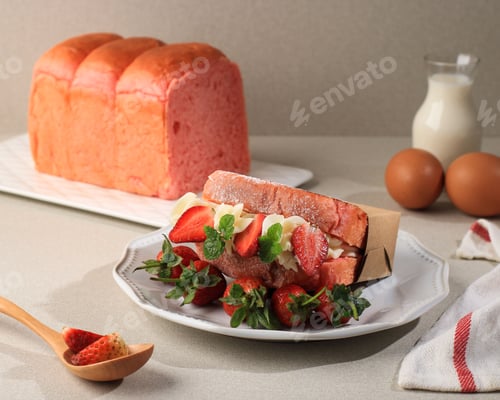 Preview: Fresh Baked Pink Bread for Sandwich with Cream Cheese and Strawberry