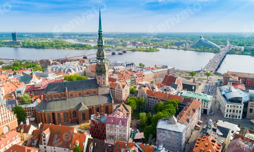 Preview: Top view on the old town with beautiful colorful buildings in Riga city