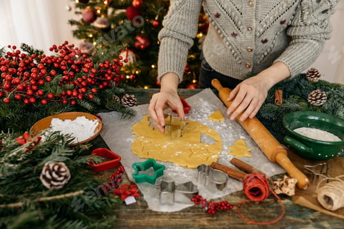 Preview: Woman baking at home butter cookies for Christmas, in a festive decorated home.