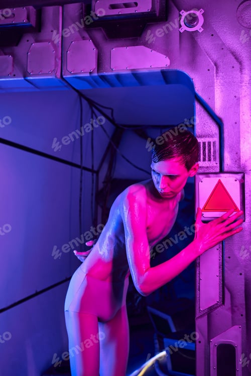 Preview: cosmic phenomenon, unknown humanoid alien, space traveler in neon light of futuristic science center