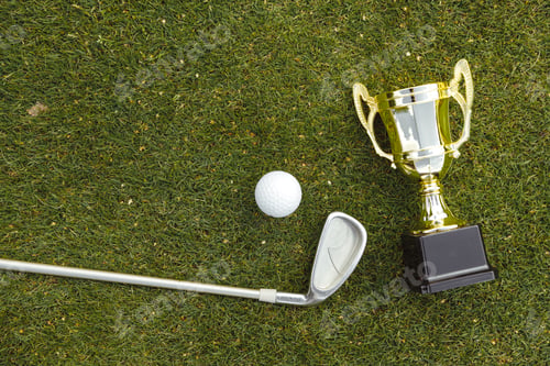 Preview: Golden winner cup with golf ball and golf club on green grass on golf course