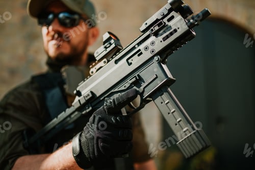 Preview: Soldier holding a submachine gun with red dot sight and tactical gloves