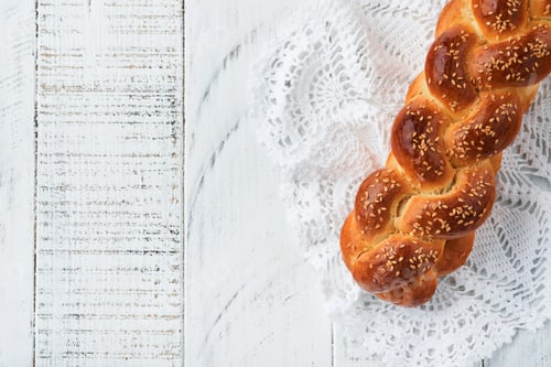 Preview: Сhallah bread. Sabbath kiddush ceremony composition. Freshly baked homemade braided challah bread fo