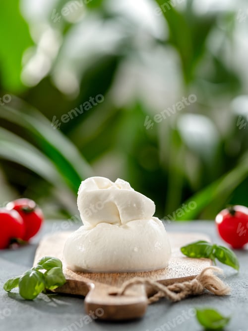 Preview: Burrata cheese on plate, copy space. Gray background