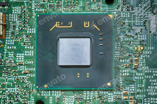Preview: Closeup of components of the motherboard including chip, cpu socket, heatsink and many port