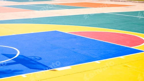 Preview: Colorful pattern of outdoors basketball and futsal court on concrete yard floor after renovation