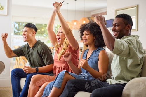 Preview: Group Of Excited Multi-Racial Friends Sitting On Sofa Watching Sports On TV And Celebrating