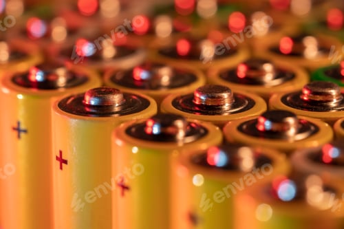Preview: Closeup of positive ends of discharged batteries AA sizes, macro shot, selective focus. Used battery