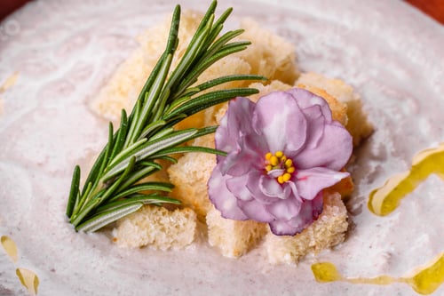 Preview: Delicious beautiful mushroom soup in a brown plate with a wooden spoon