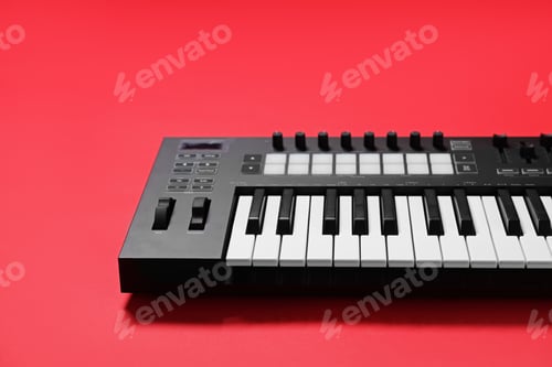 Preview: One portable MIDI keyboard on red background, closeup