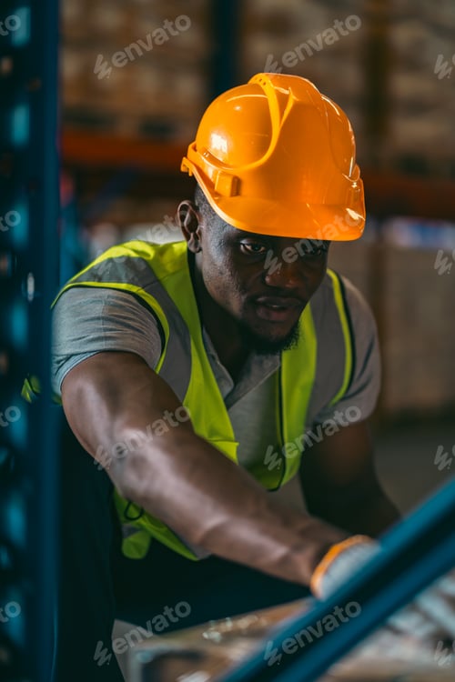 Preview: African American person working to shipping box package by order in logistic warehouse