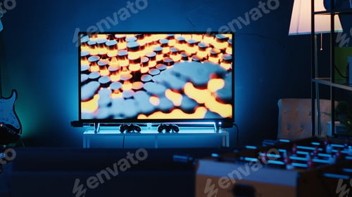 Preview: Close up shot of 3D rendered animations running on TV screen in empty house with warm lighting