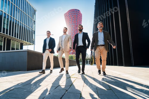 Preview: Four confident businessmen walking outdoors in a modern cityscape, dressed in formal suits, casting