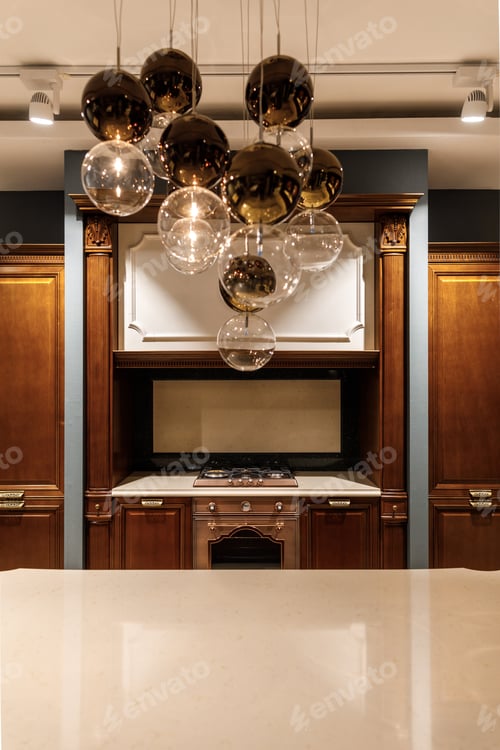 Preview: Stylish kitchen with elegant shiny table and chandelier