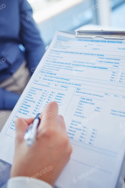 Preview: Checklist, medical and writing with hands of doctor and clipboard for consulting, data survey and s