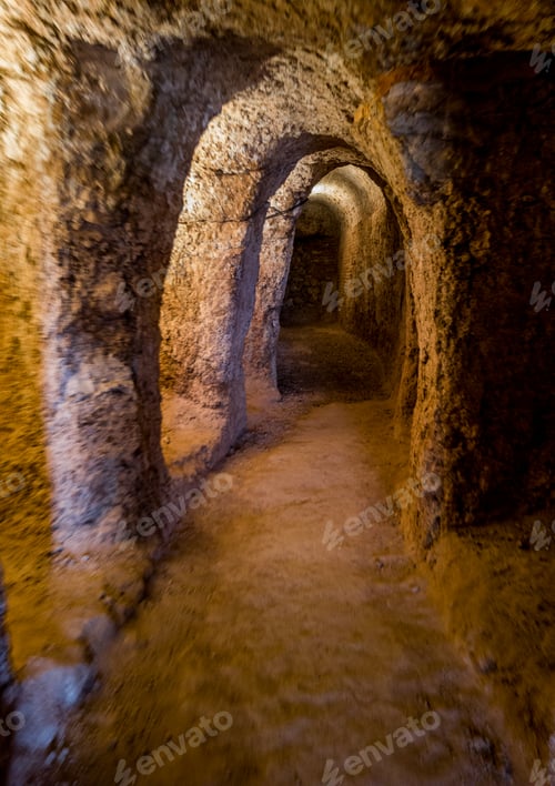 Arched Passage in Stone Tunnel Interior