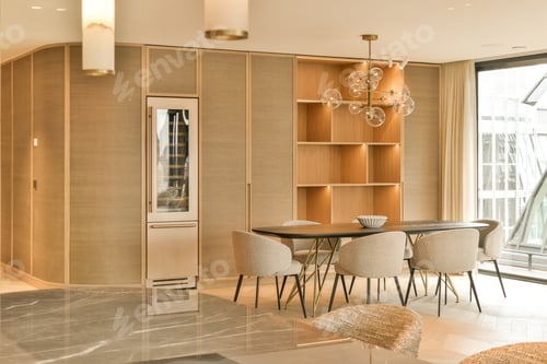 Preview: a dining room with a table and chairs and shelves