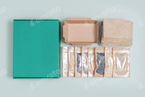 Preview: Set for growing sprouts from seeds. Seeds, linen mats, boxes and lids flat lay, top view