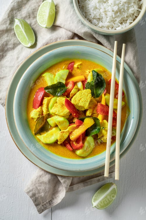 Preview: Tasty and hot yellow curry with chicken, vegetables and rice