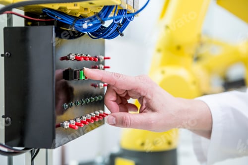 Preview: Close-up of woman switching on switch in factory