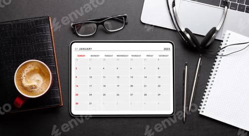 Preview: Tablet with calendar app, coffee cup and office supplies