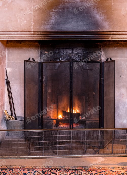 Preview: Cozy indoor fireplace with burning logs